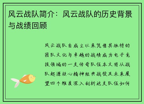 风云战队简介：风云战队的历史背景与战绩回顾