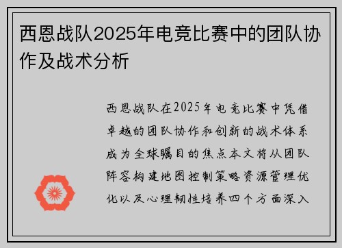 西恩战队2025年电竞比赛中的团队协作及战术分析
