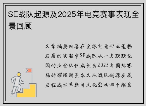 SE战队起源及2025年电竞赛事表现全景回顾