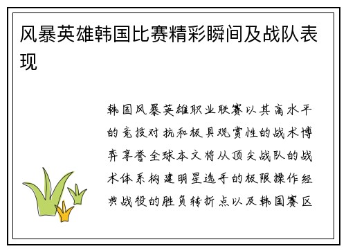 风暴英雄韩国比赛精彩瞬间及战队表现