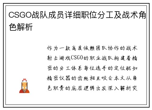 CSGO战队成员详细职位分工及战术角色解析